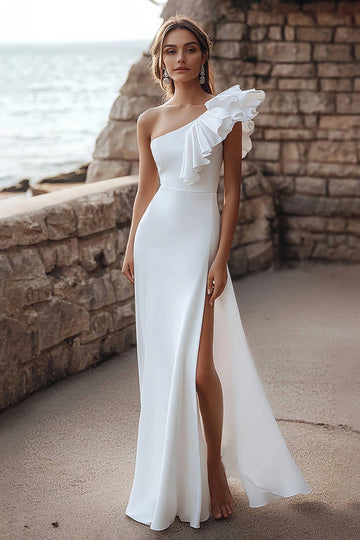Ivory One Shoulder Ruffled Engagement Dress with Slit